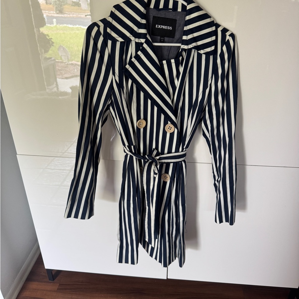 Express Navy and White Striped Trench Coat